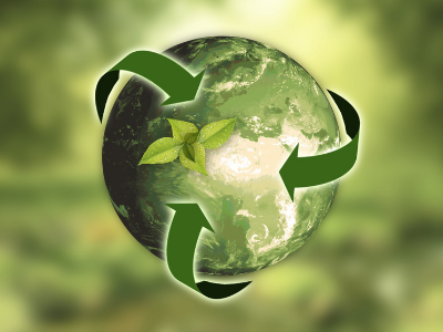 Green recycling logo around Earth